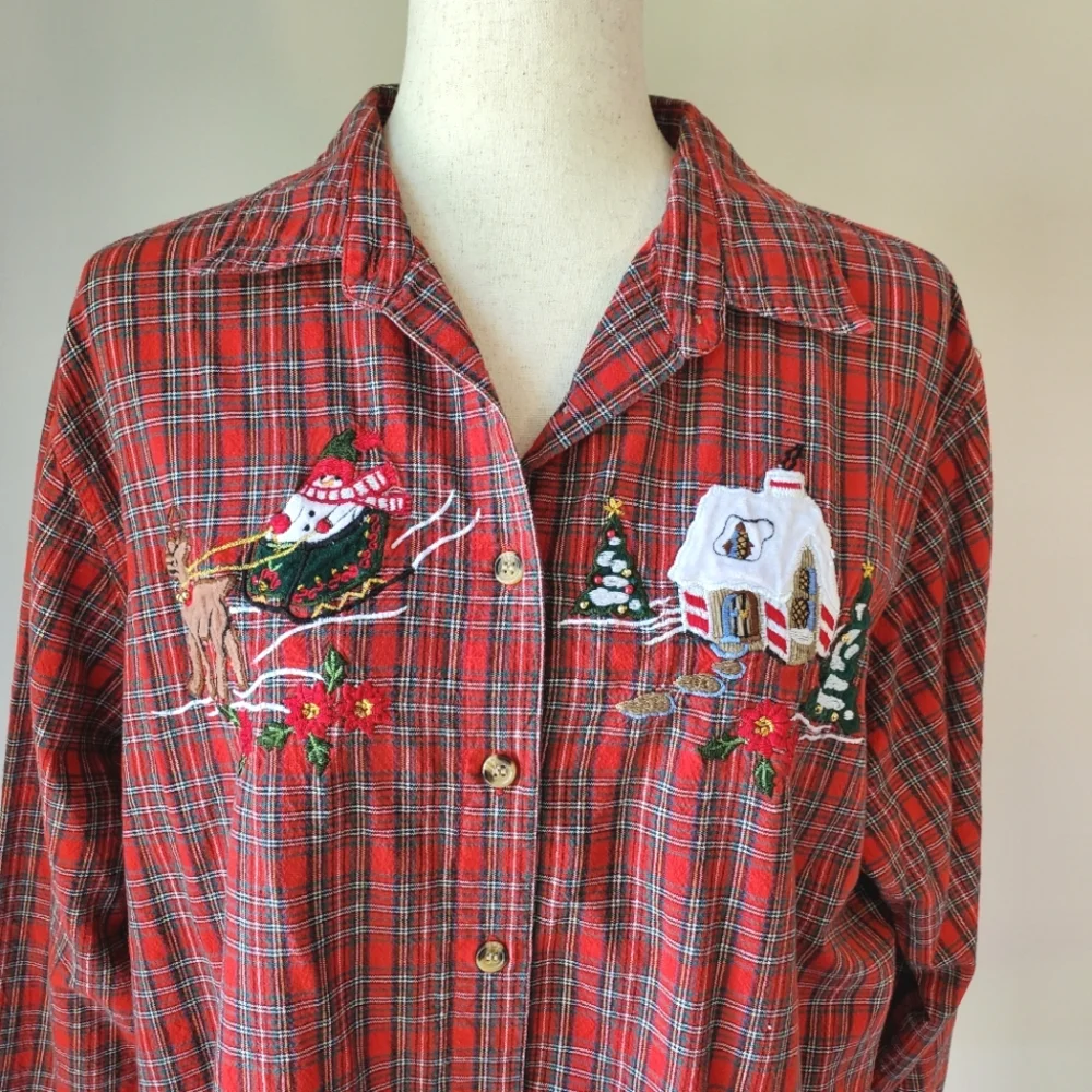 Vintage Christmas Plaid Casey & Max XL Holiday Red Festive Button Down Top - Picture 1 of 11
